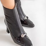 Ghete Elegante Ankle Boots din Piele Neagra cu Toc Geometric si Detaliu Bijuterie