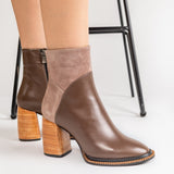 Ghete Piele Urban Chic Taupe cu Toc Cub Din Lemn