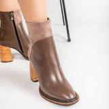 Ghete Piele Urban Chic Taupe cu Toc Cub Din Lemn