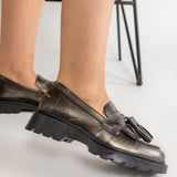Pantofi Mocasini Tassel Piele Metalizata Bronz