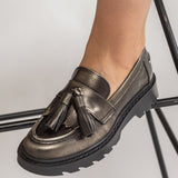 Pantofi Mocasini Tassel Piele Metalizata Bronz