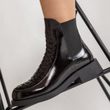 Ghete Chelsea Glam Weave din Piele Neagra Lacuita