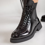 Ghete Chelsea Glam Weave din Piele Neagra Lacuita