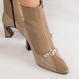 Ghete Elegante Ankle Boots din Piele Taupe cu Toc Geometric si Detaliu Bijuterie