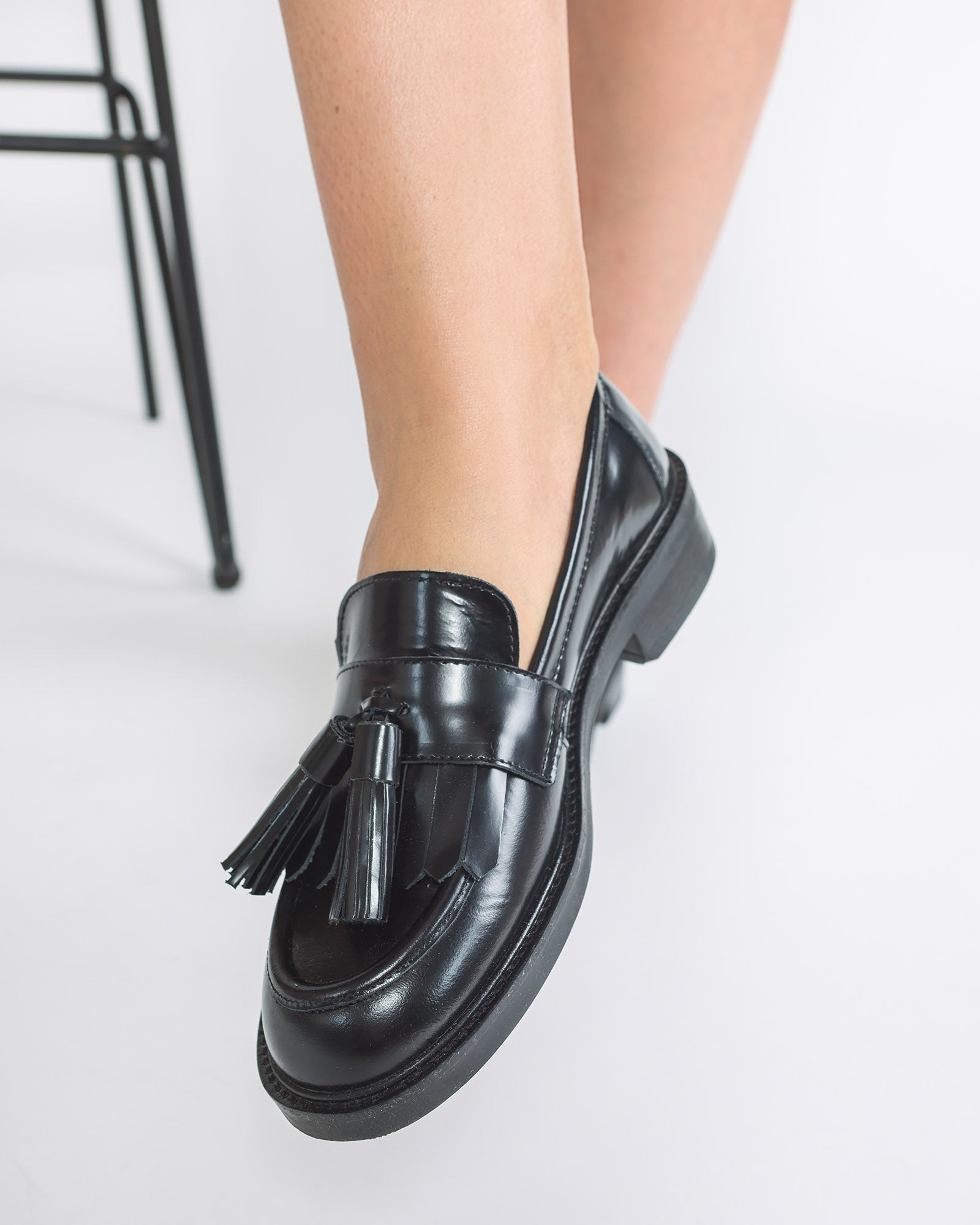 Pantofi Mocasini Tassel Piele Metalizata Neagra