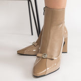 Ghete Elegante Ankle Boots din Piele Taupe cu Toc Geometric si Detaliu Bijuterie