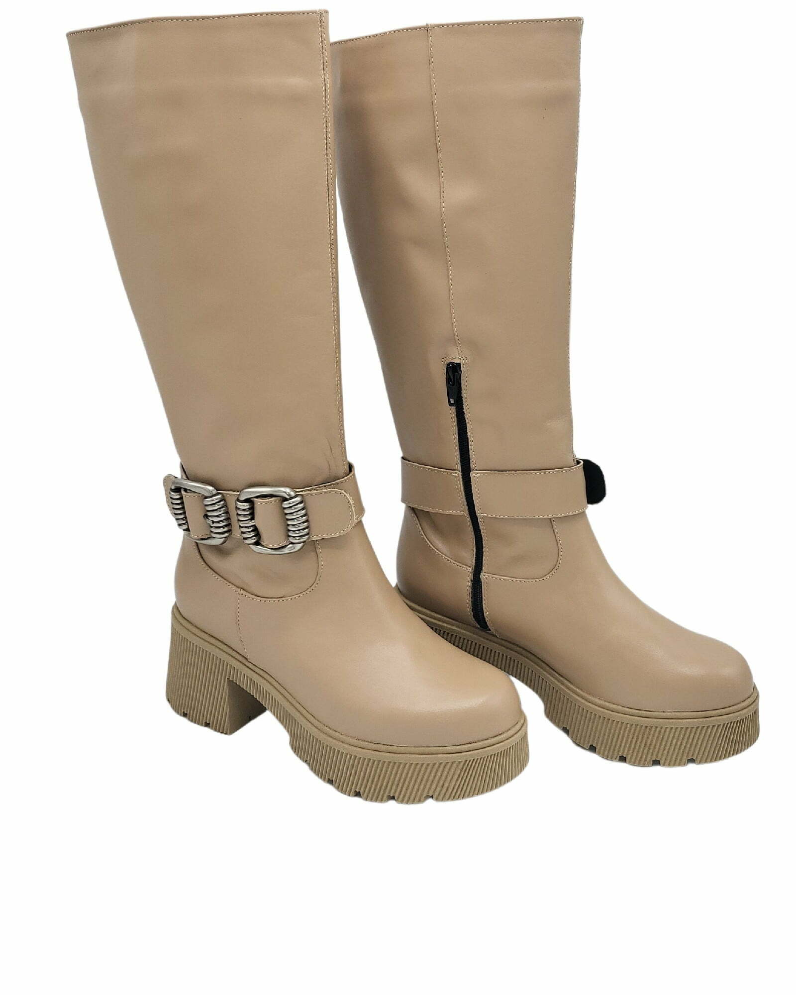 Cizme cu fermoar scurt si catarame Perla-2 cappuccino