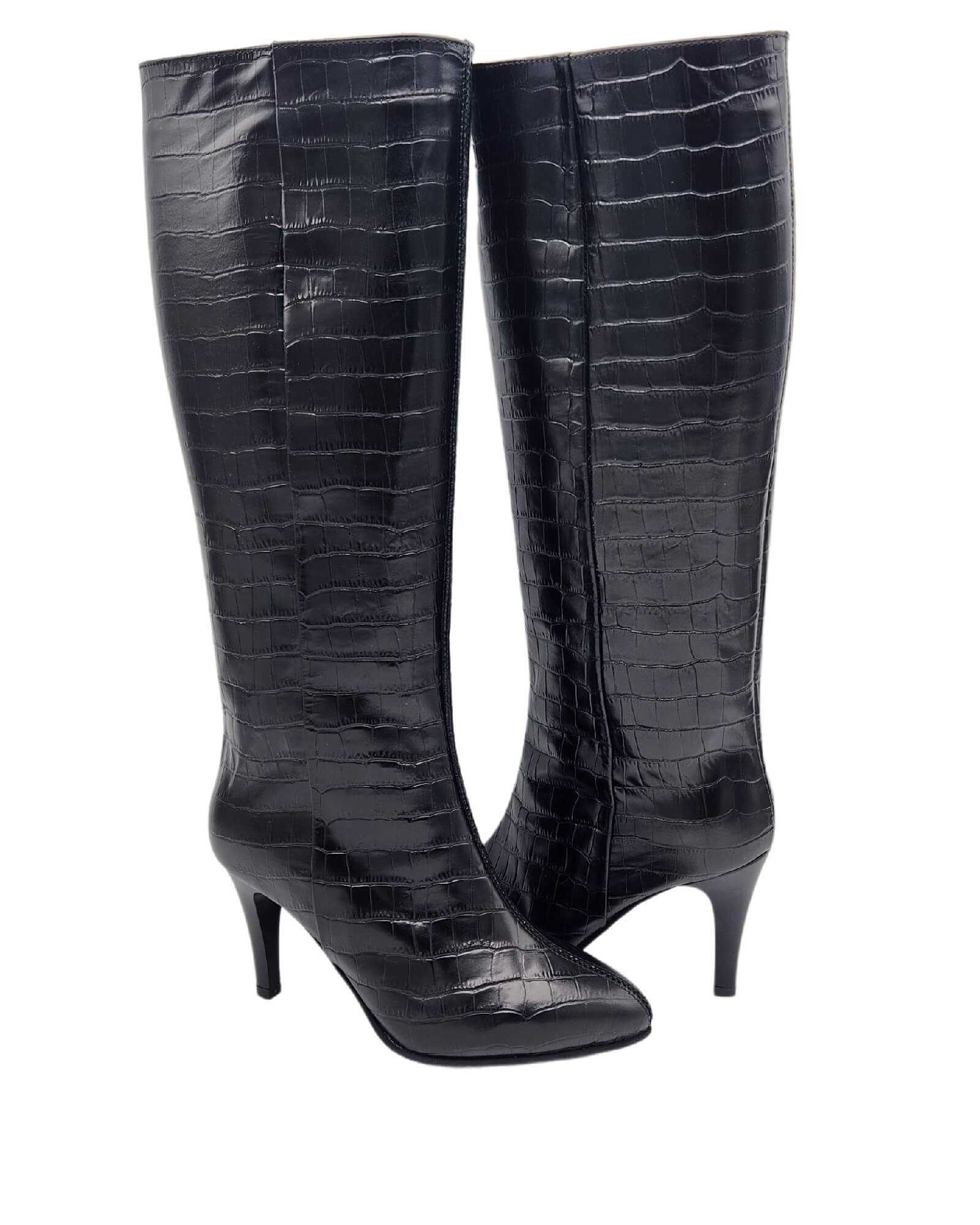 Cizme din piele cu imprimeu si toc subtire PF0166-19 negru
