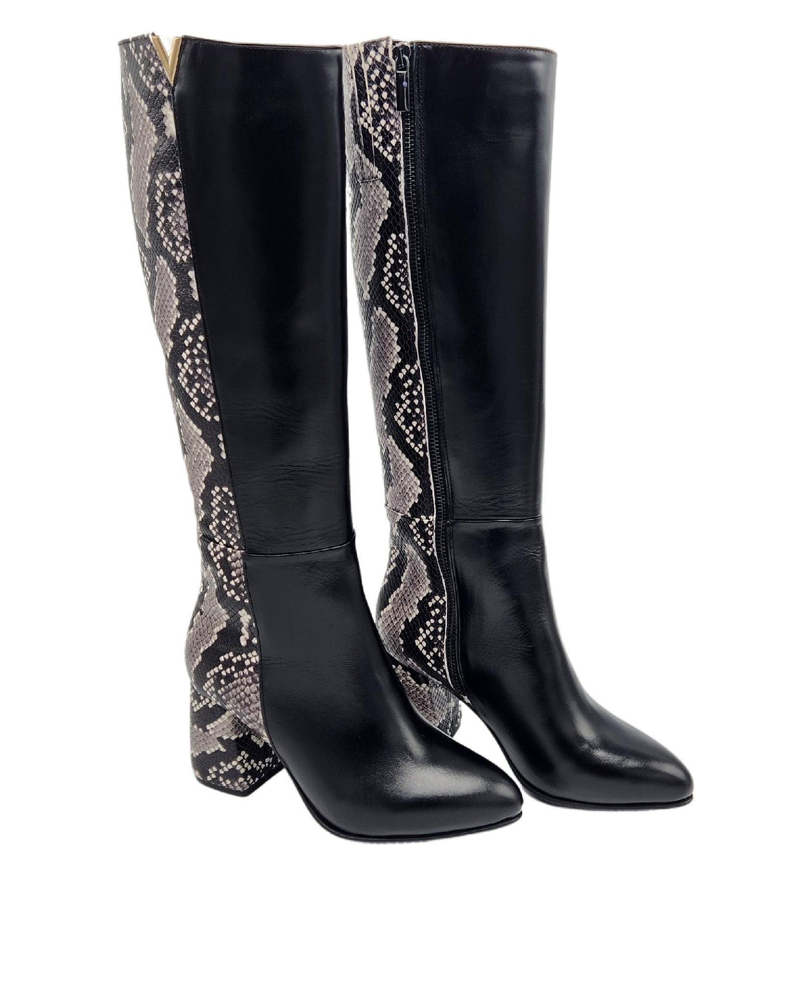 Cizme din piele imprimeu cu toc gros PF0166-26 alb-negru