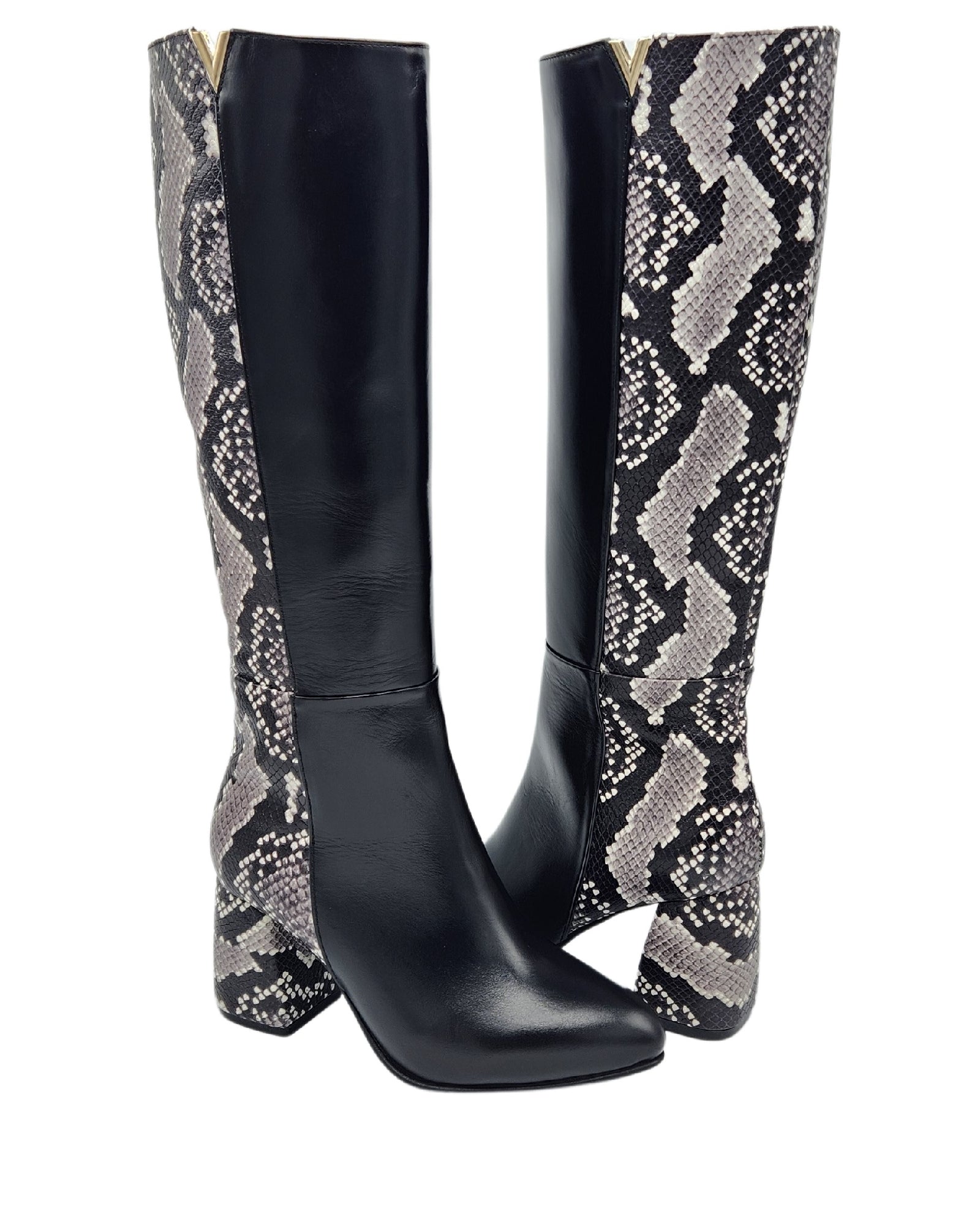 Cizme din piele imprimeu cu toc gros PF0166-26 alb-negru