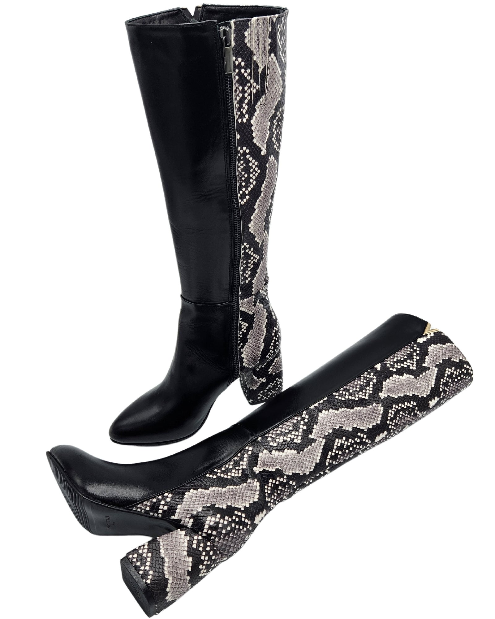 Cizme din piele imprimeu cu toc gros PF0166-26 alb-negru