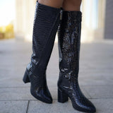 Cizme elegante negre din piele imprimeu Lady