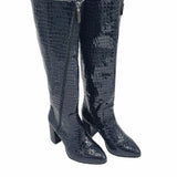 Cizme elegante negre din piele imprimeu Lady