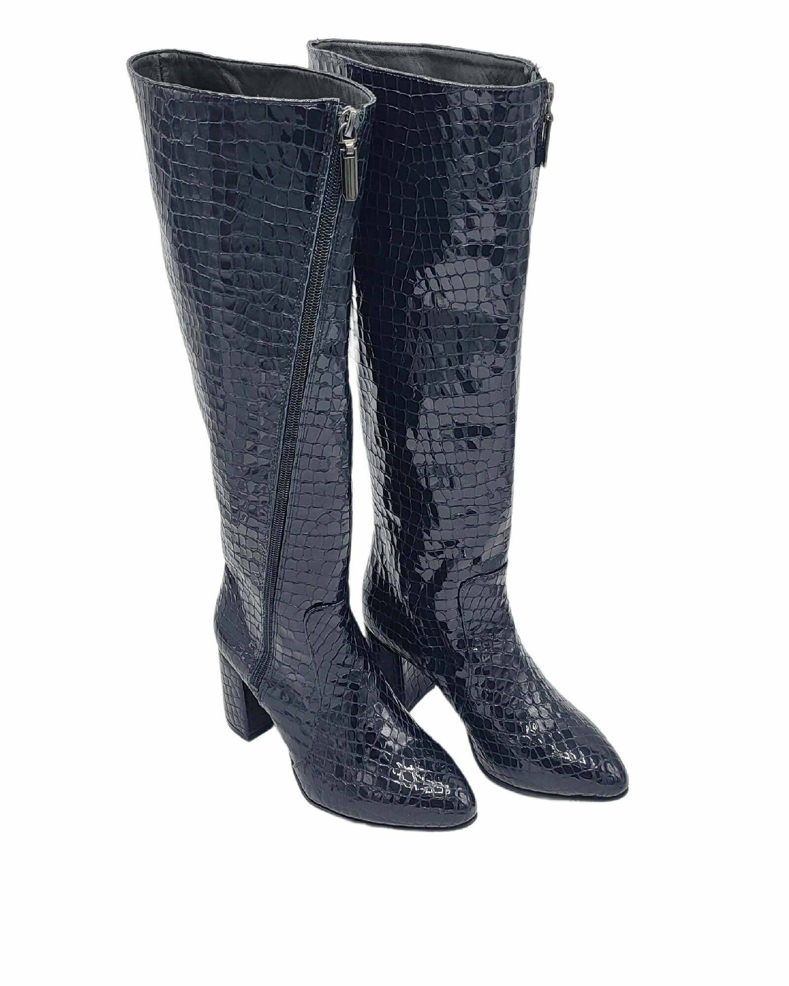Cizme elegante negre din piele imprimeu Lady