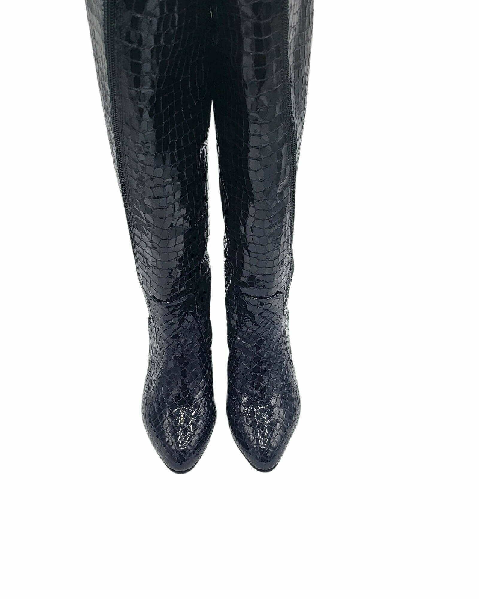 Cizme elegante negre din piele imprimeu Lady