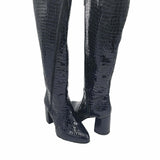 Cizme elegante negre din piele imprimeu Lady