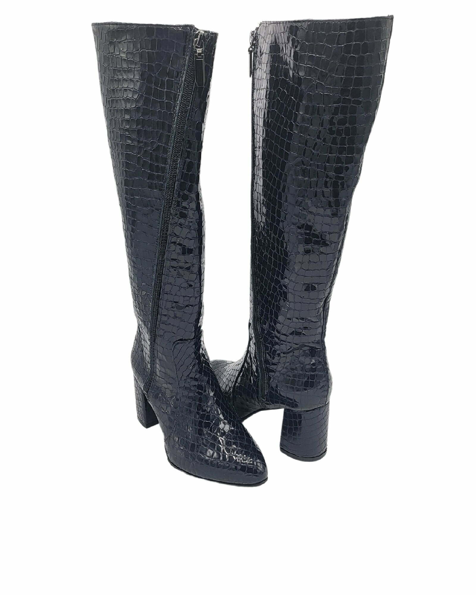 Cizme elegante negre din piele imprimeu Lady