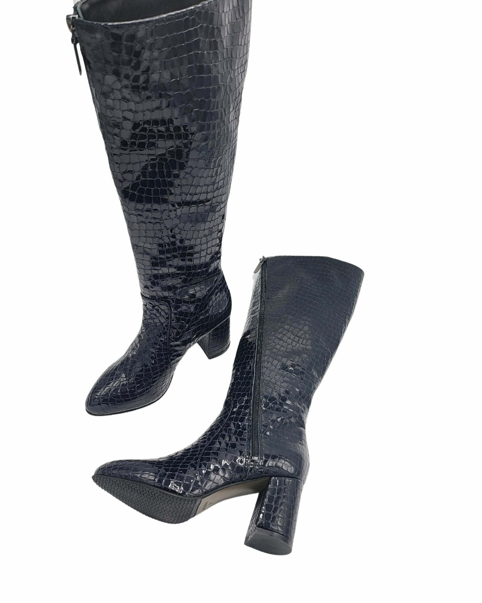 Cizme elegante negre din piele imprimeu Lady