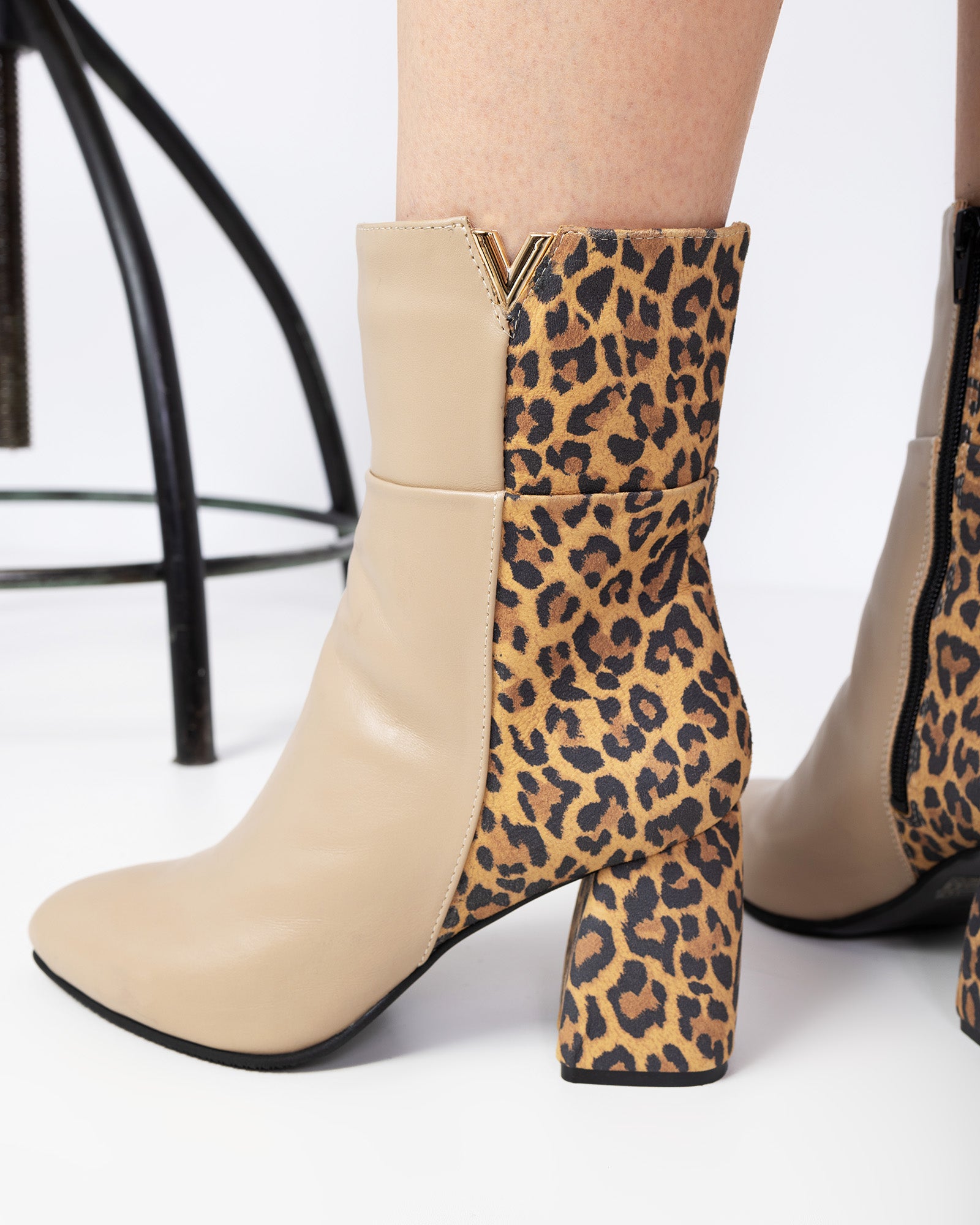 Ghete Din Piele Print Cu Toc Gros PF0166-27 Cappuccino
