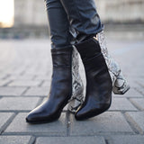 Ghete din piele imprimeu cu toc gros PF0166-27 alb-negru