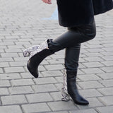 Ghete din piele imprimeu cu toc gros PF0166-27 alb-negru