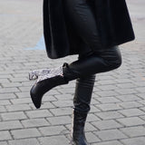 Ghete din piele imprimeu cu toc gros PF0166-27 alb-negru