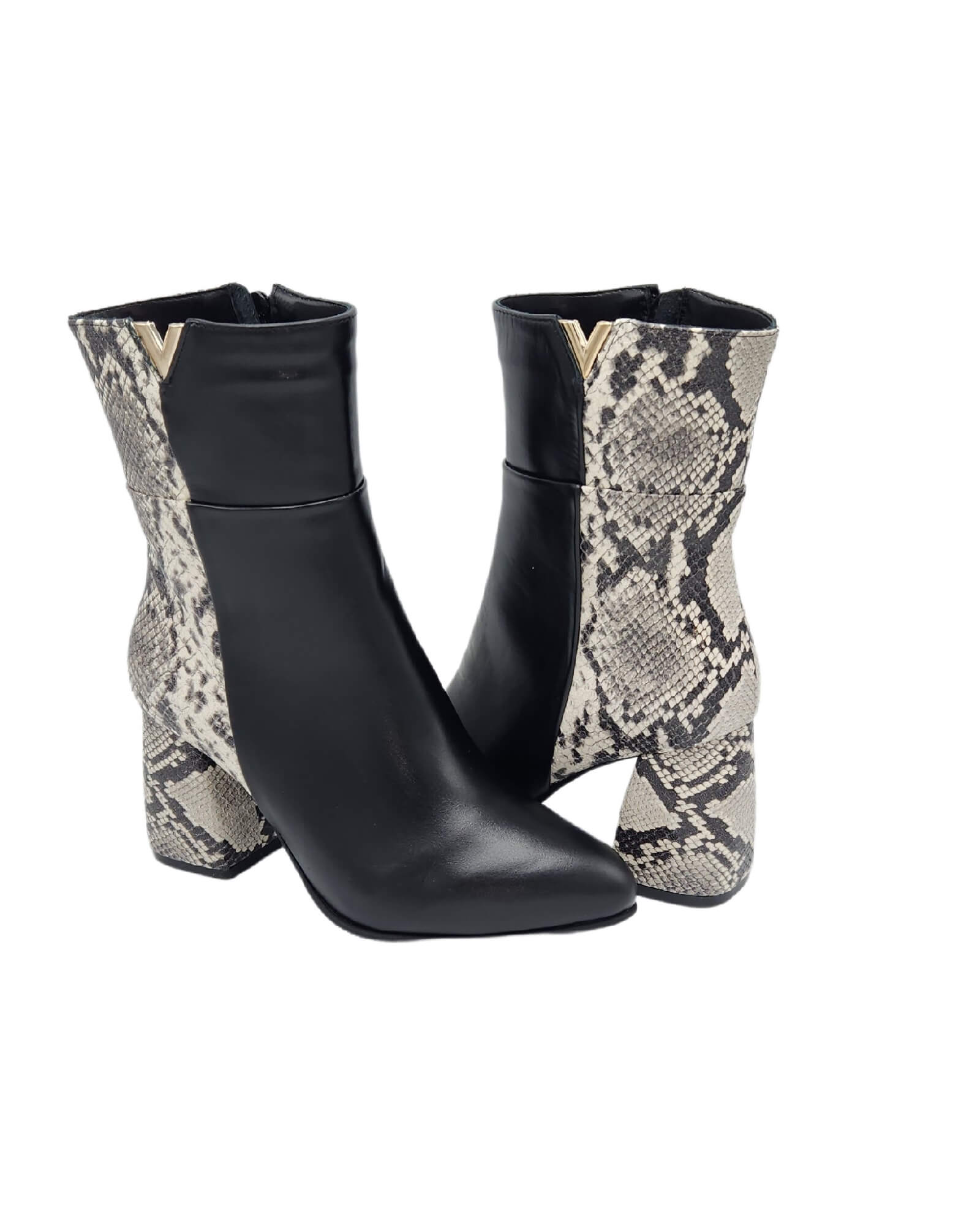 Ghete din piele imprimeu cu toc gros PF0166-27 alb-negru