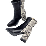 Ghete din piele imprimeu cu toc gros PF0166-27 alb-negru