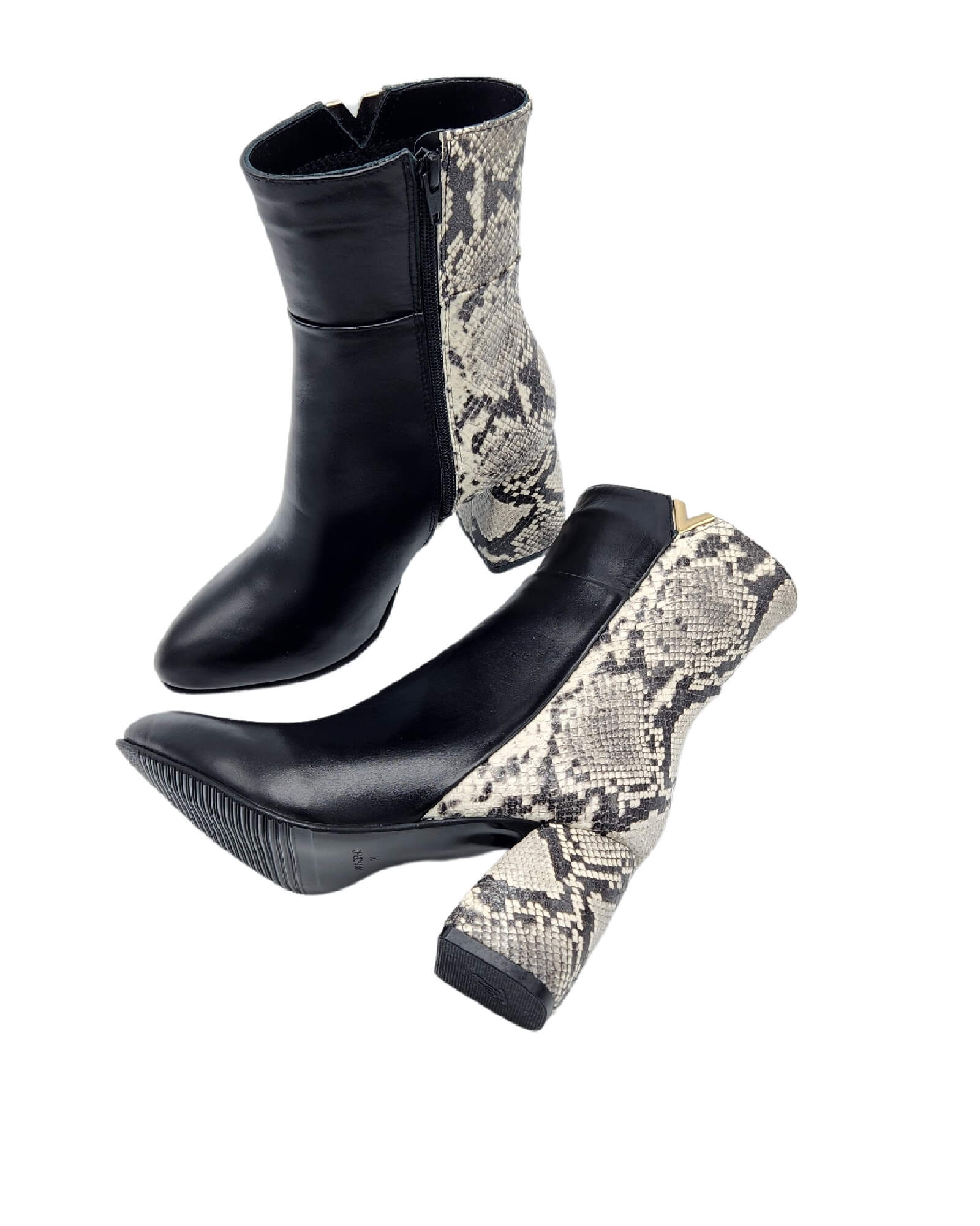 Ghete din piele imprimeu cu toc gros PF0166-27 alb-negru