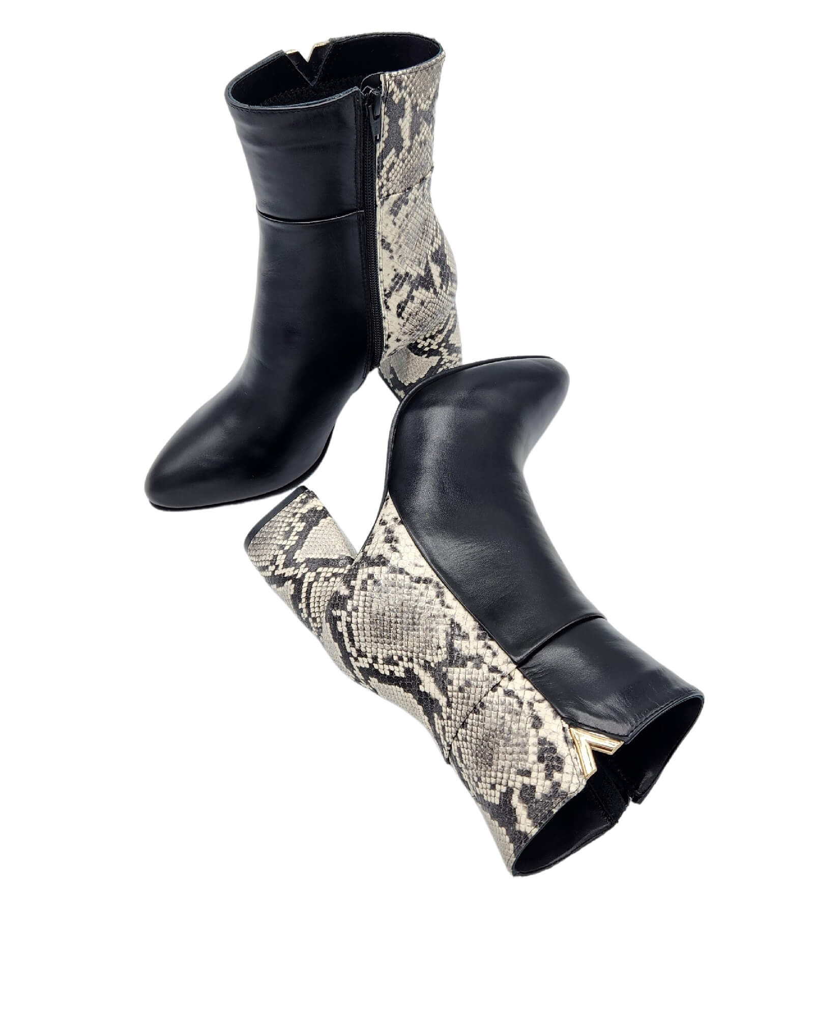 Ghete din piele imprimeu cu toc gros PF0166-27 alb-negru