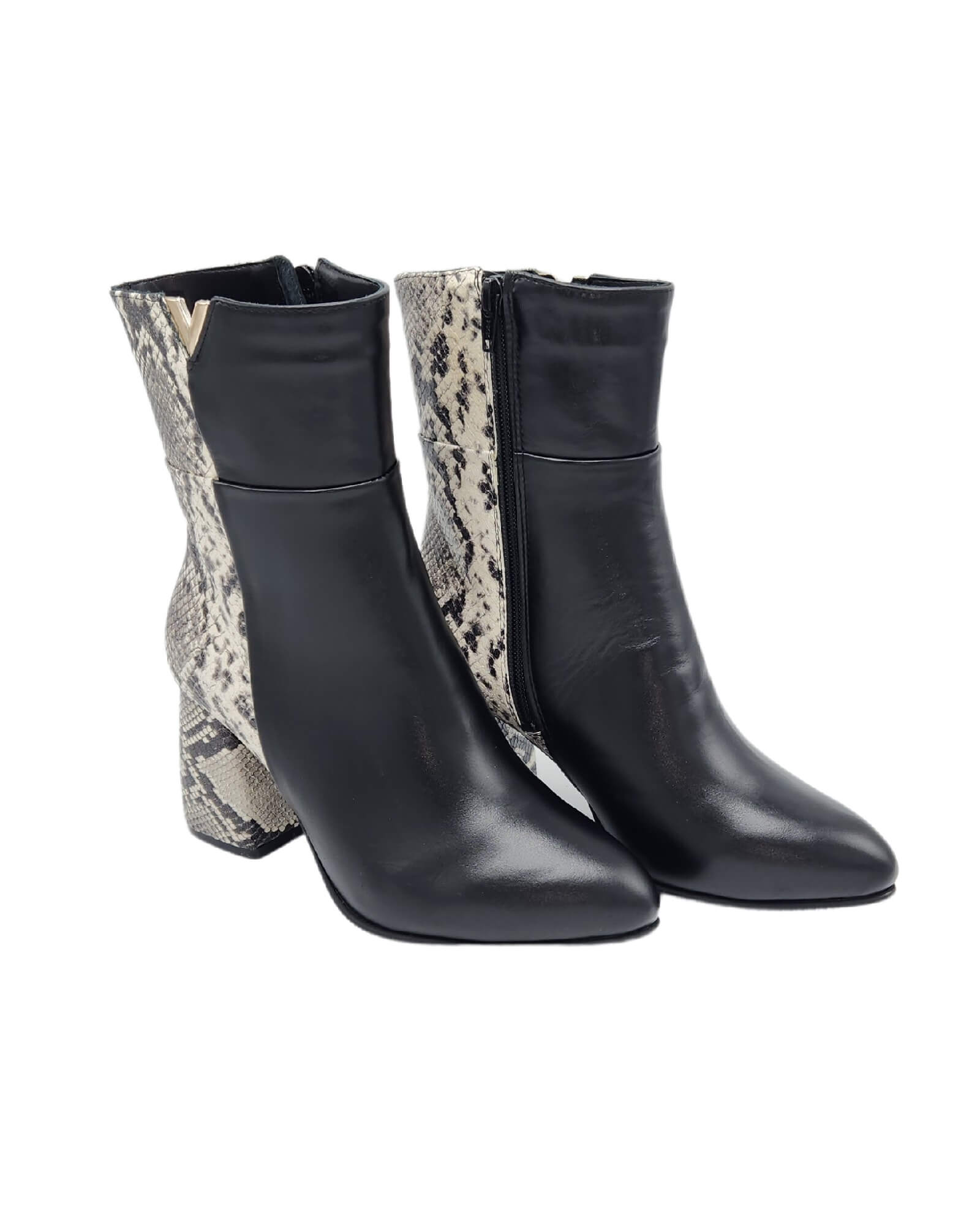 Ghete din piele imprimeu cu toc gros PF0166-27 alb-negru