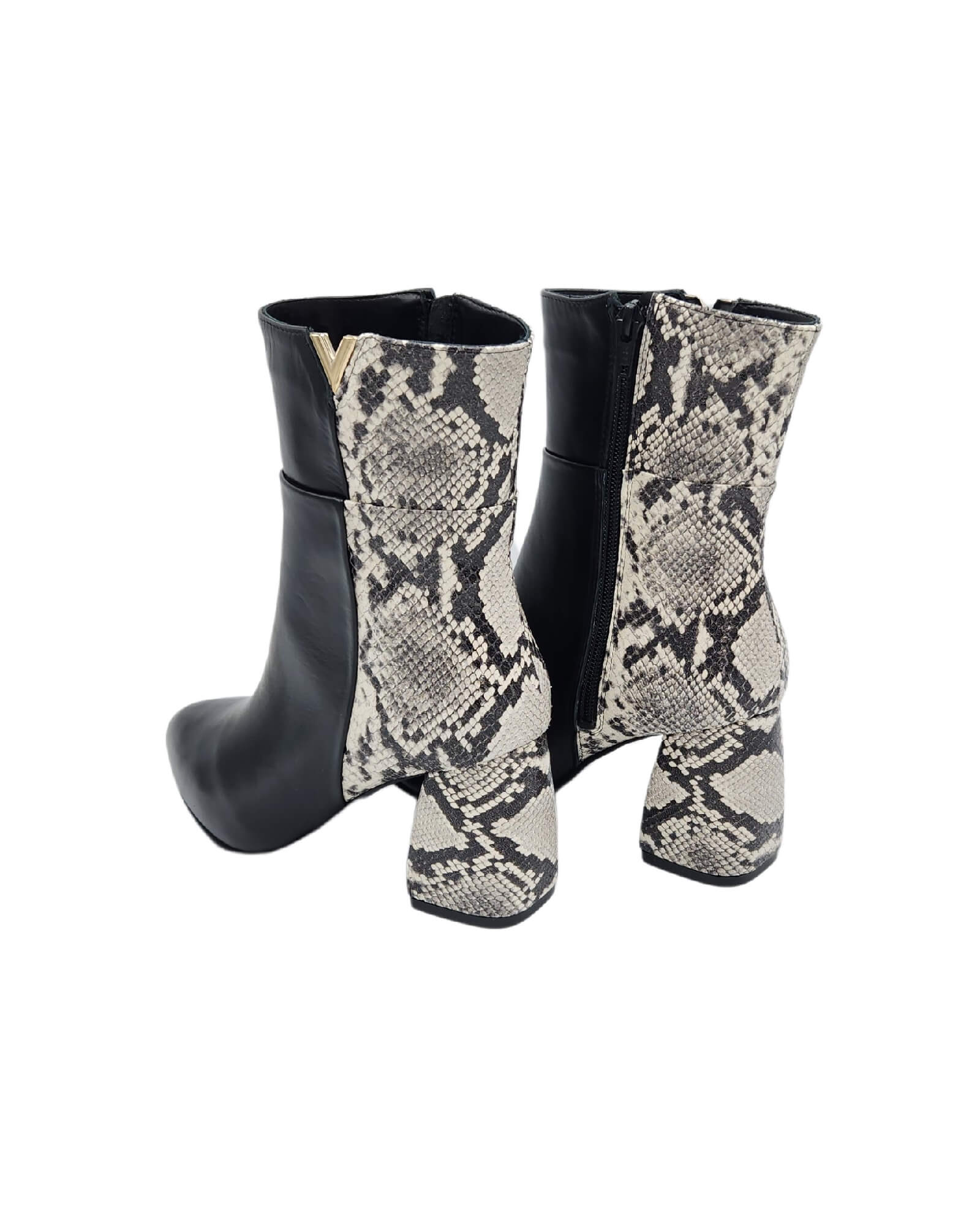 Ghete din piele imprimeu cu toc gros PF0166-27 alb-negru