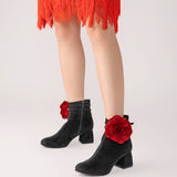 Ghete din piele intoarsa neagra Floral Finesse