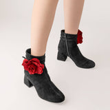 Ghete din piele intoarsa neagra Floral Finesse