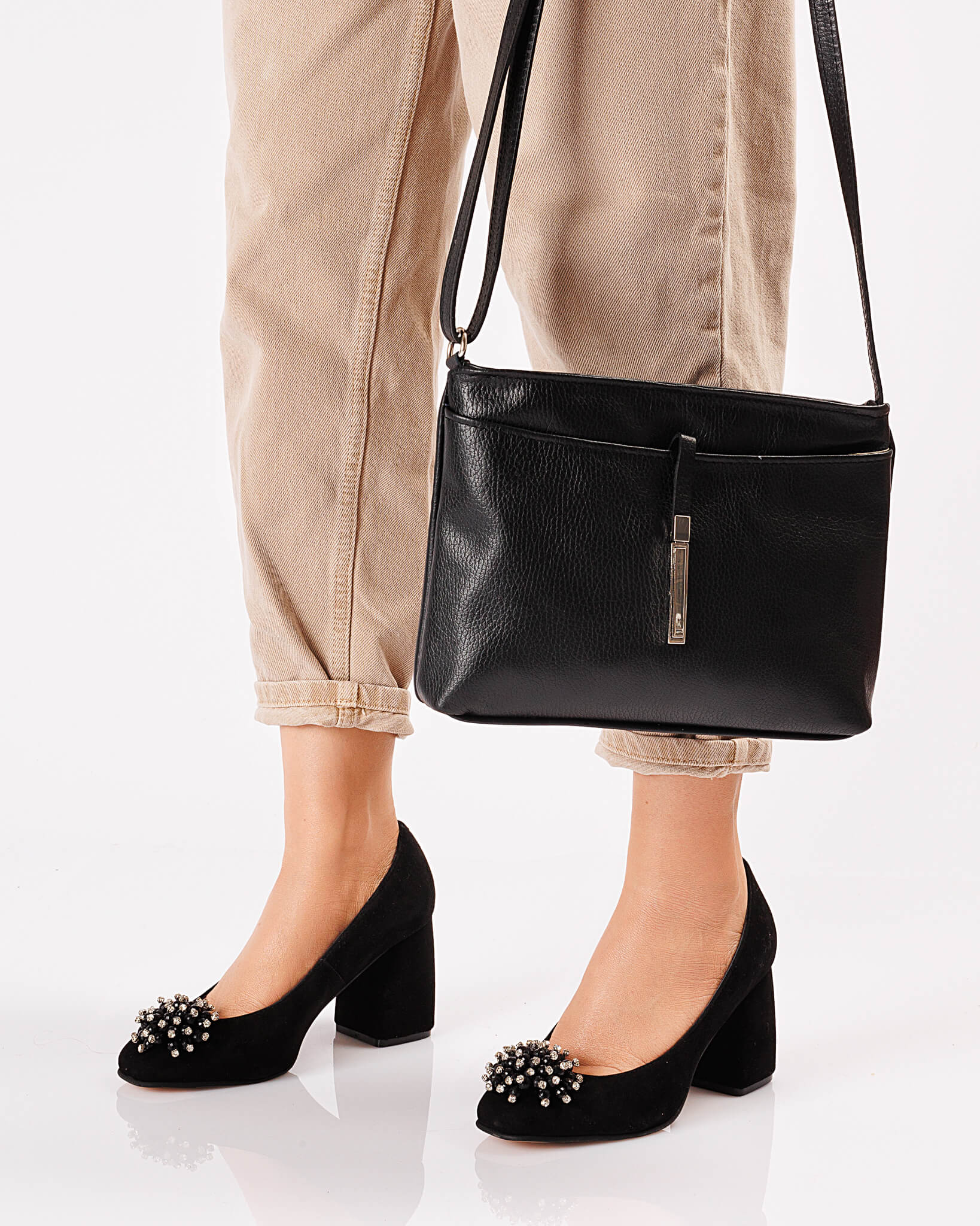 Pantofi din piele intoarsa cu accesoriu Marina Black