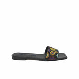 Papuci din material brodat Flowers Black