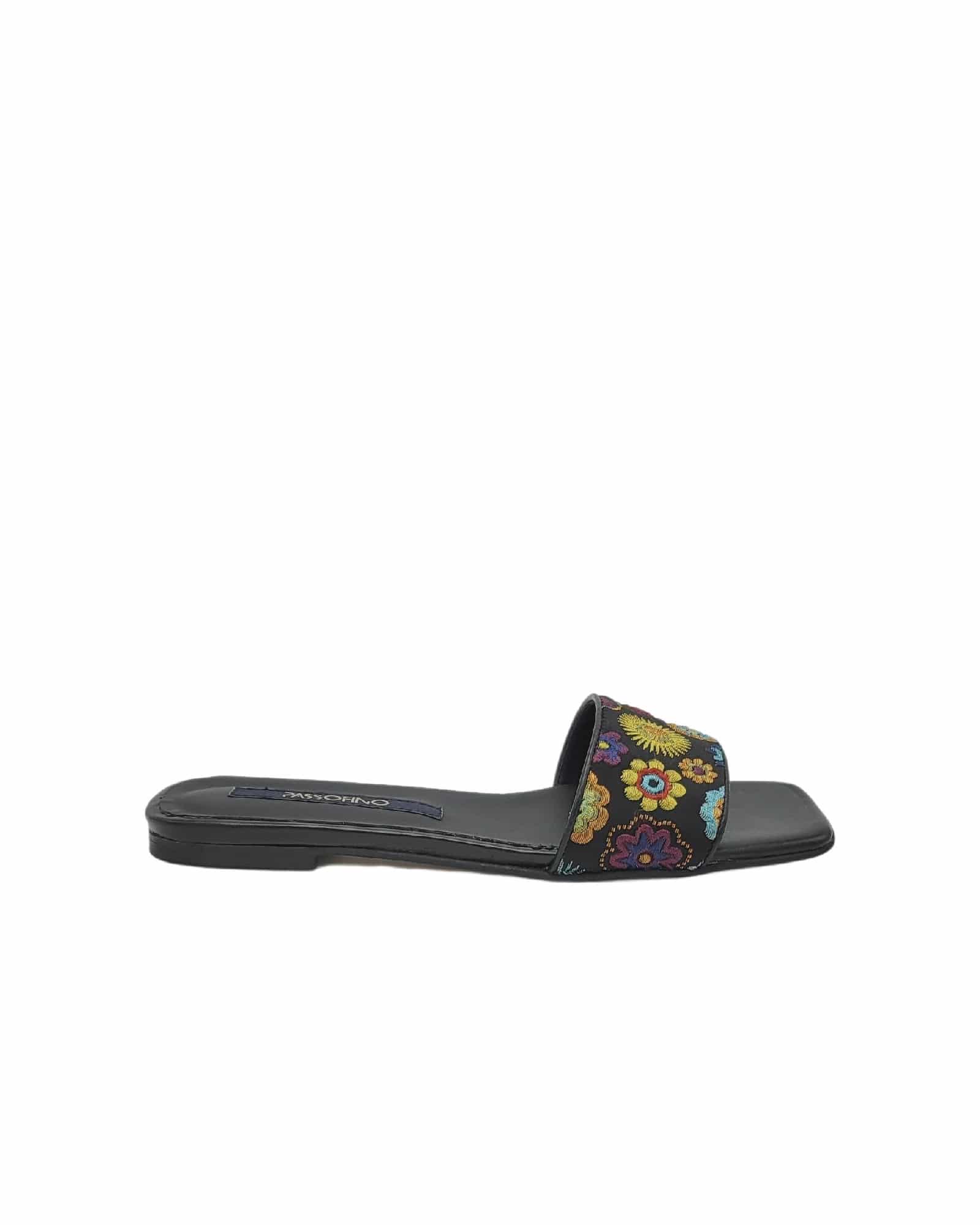Papuci din material brodat Flowers Black