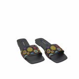 Papuci din material brodat Flowers Black