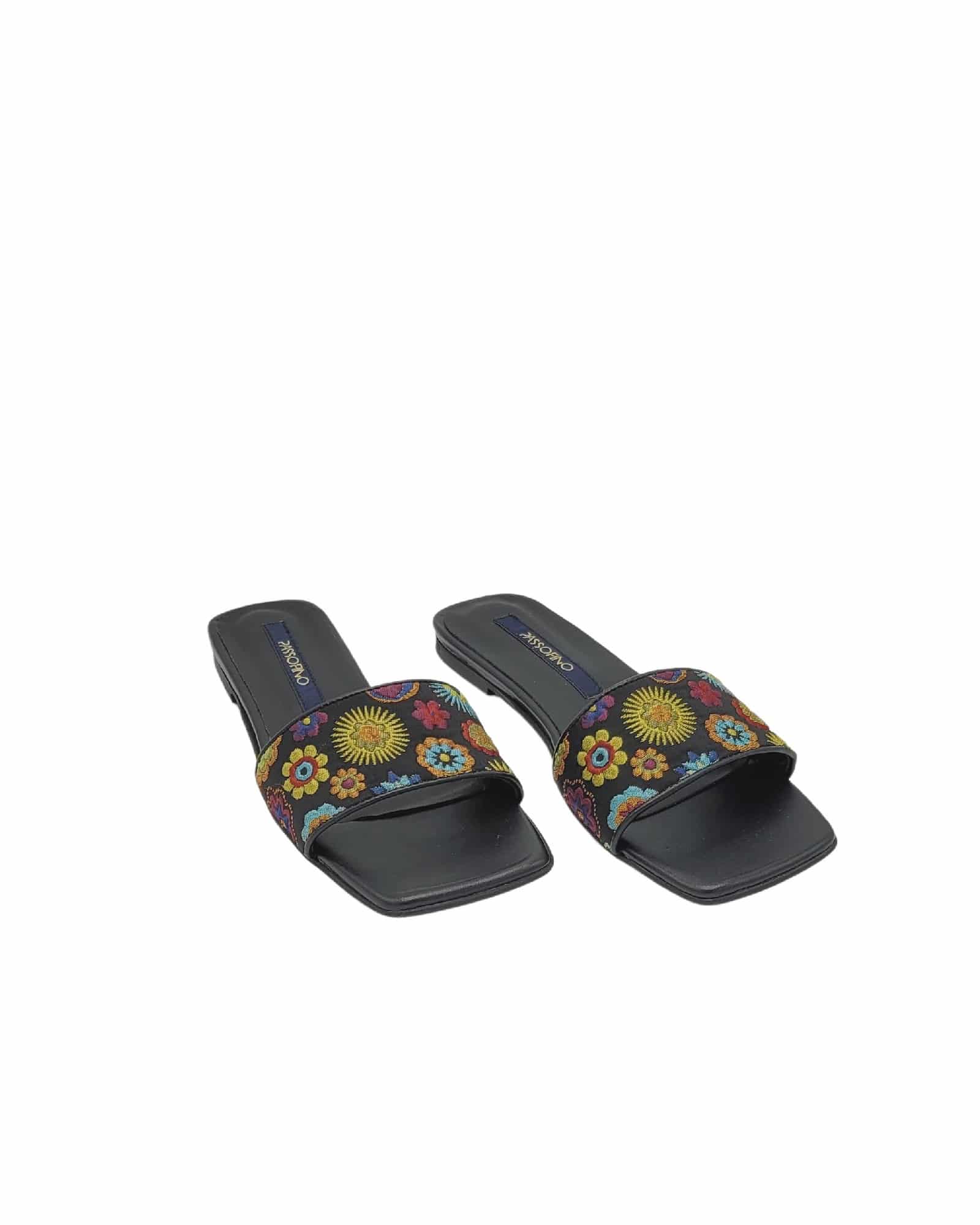 Papuci din material brodat Flowers Black