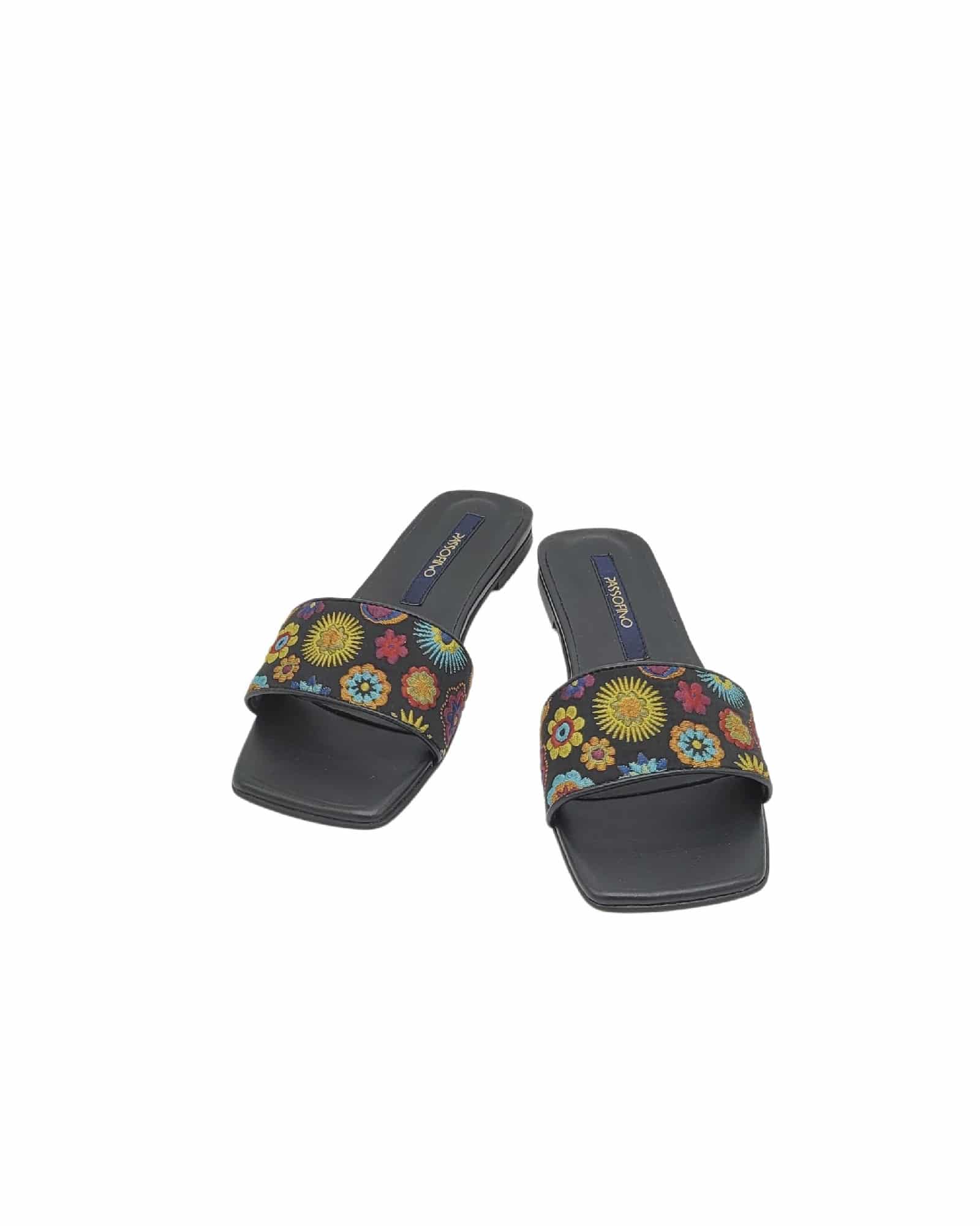 Papuci din material brodat Flowers Black