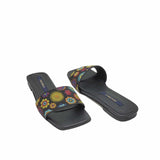 Papuci din material brodat Flowers Black