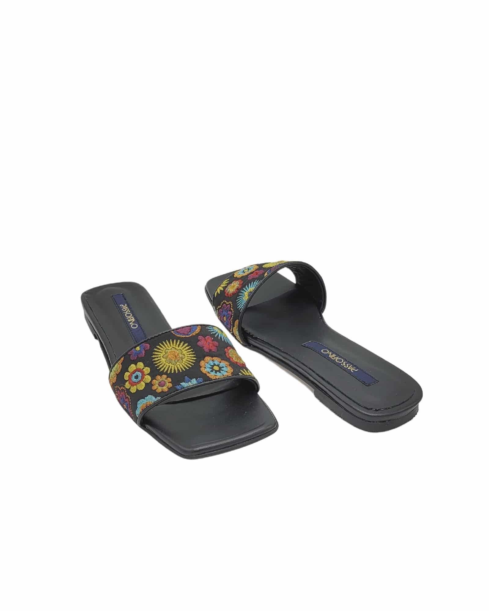 Papuci din material brodat Flowers Black
