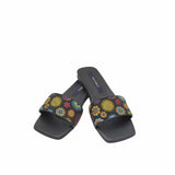 Papuci din material brodat Flowers Black