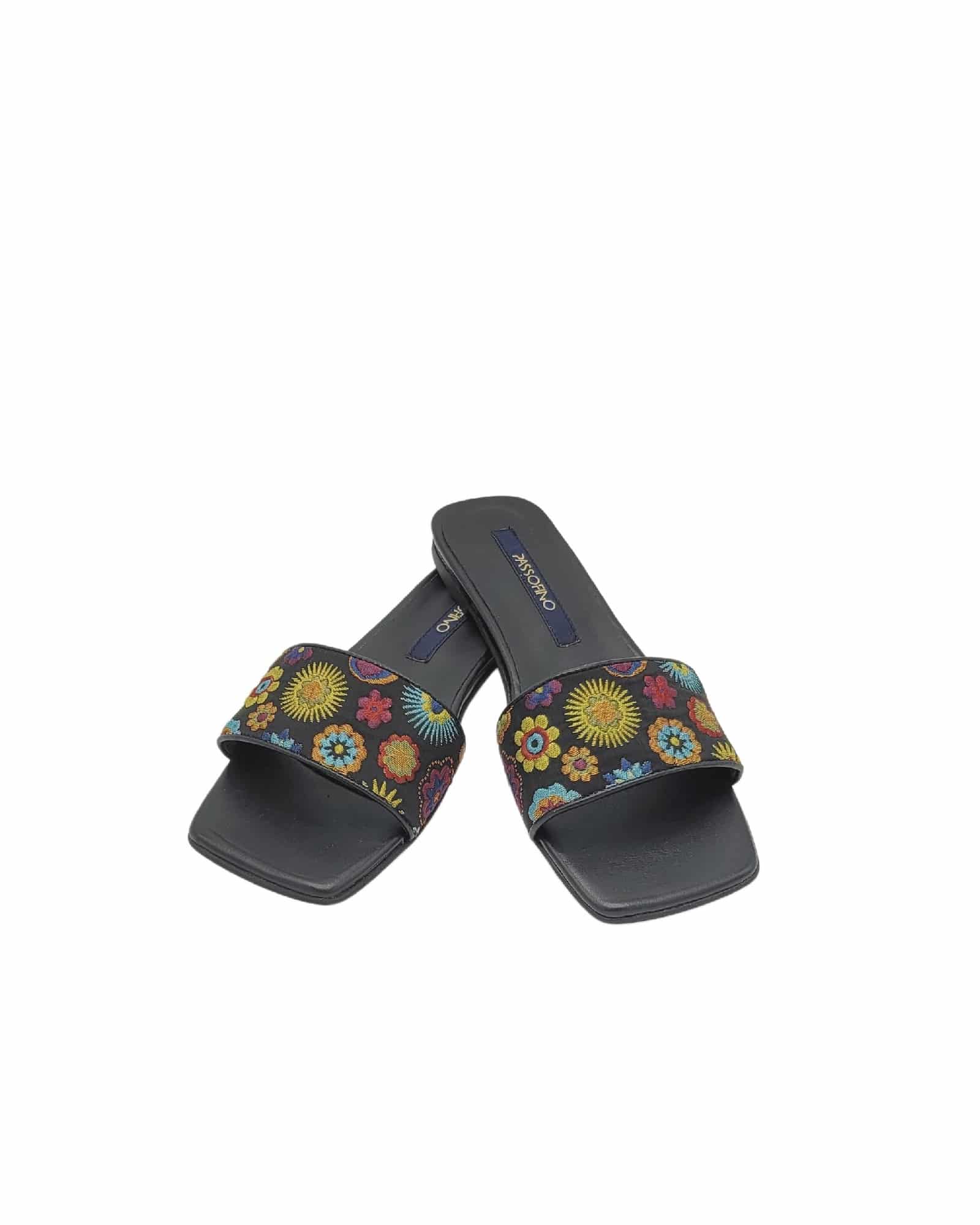Papuci din material brodat Flowers Black