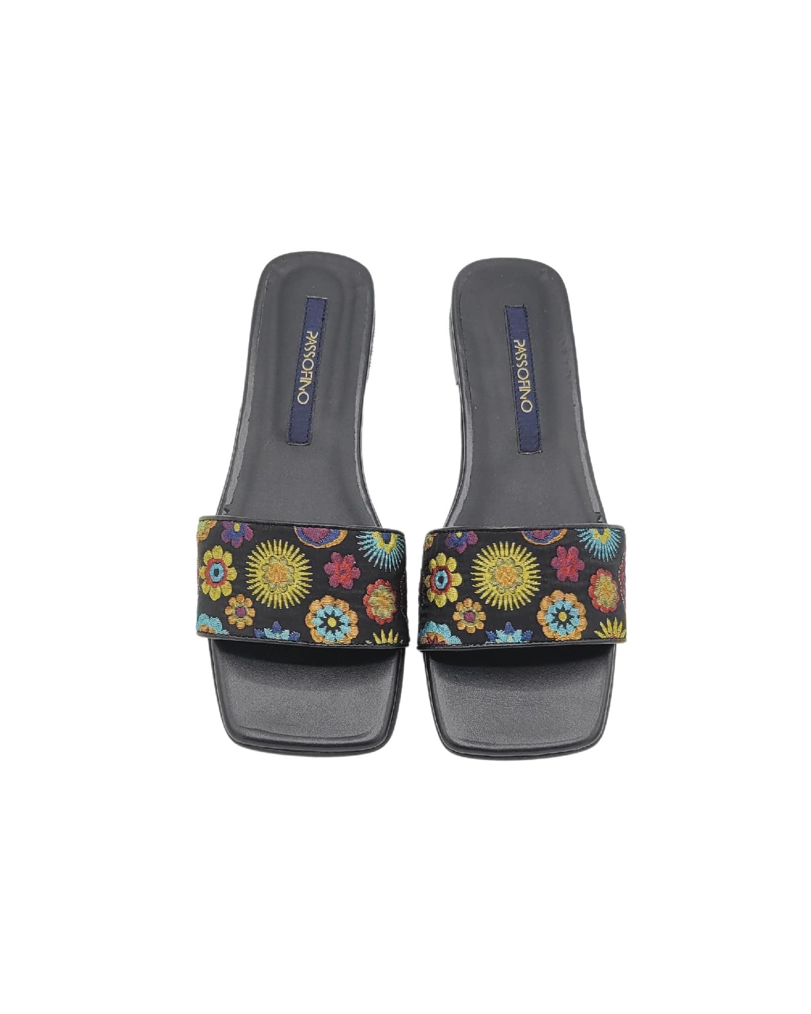Papuci din material brodat Flowers Black