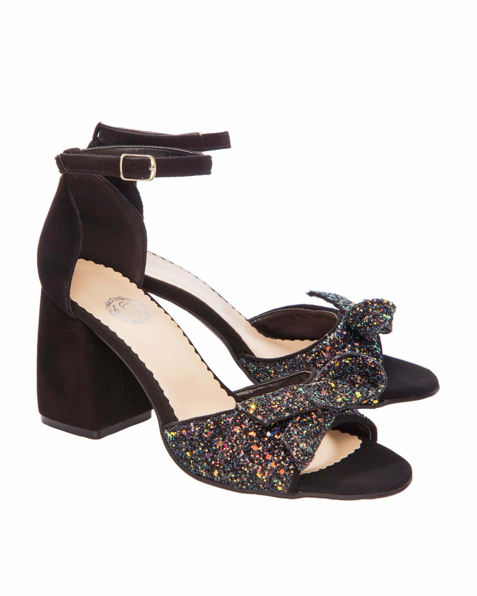 Sandale cu toc gros si funda din glitter / negru