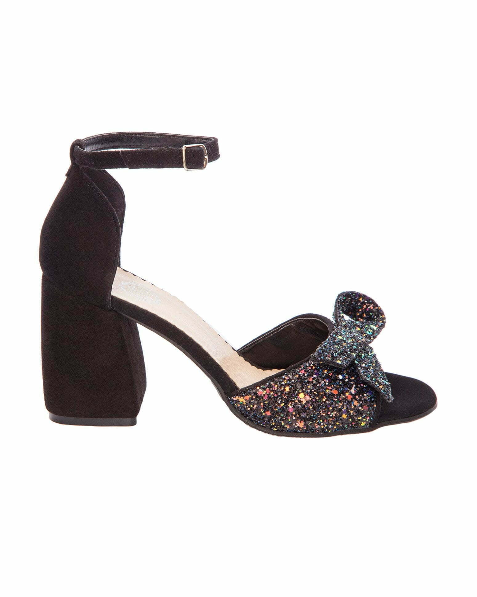 Sandale cu toc gros si funda din glitter / negru