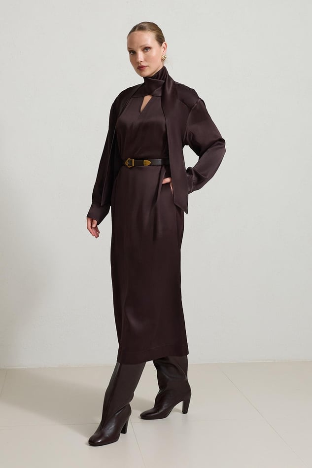 Rochie Lunga Satin Ciocolatiu