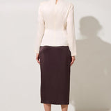 Bluza Crem Din Satin Cu Guler Inalt Si Cordon In Talie