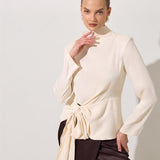 Bluza Crem Din Satin Cu Guler Inalt Si Cordon In Talie